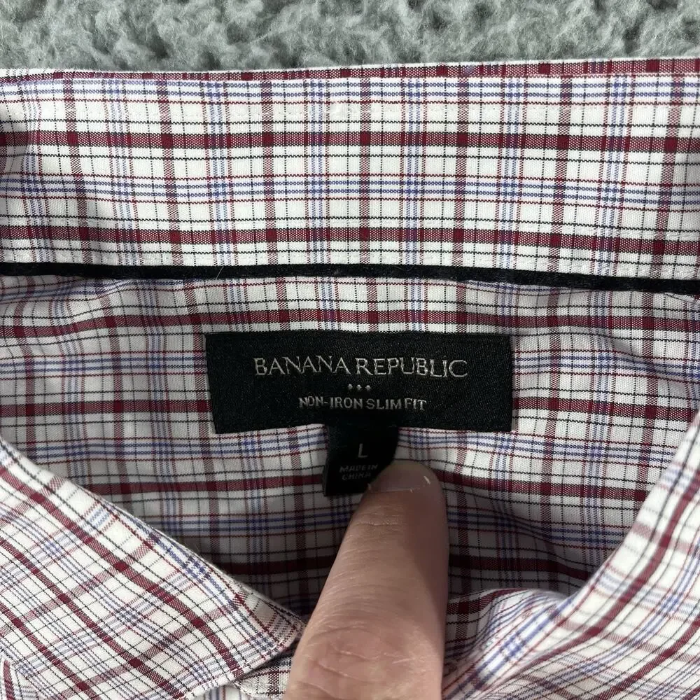 Banana Republic Shirt Mens Large Red Blue Non Iron Slim Fit Long Sleeve Button